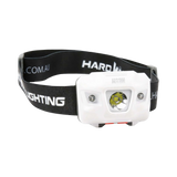 Hardkorr 335 lumen headtorch with a white housing, central reflector and black headband.