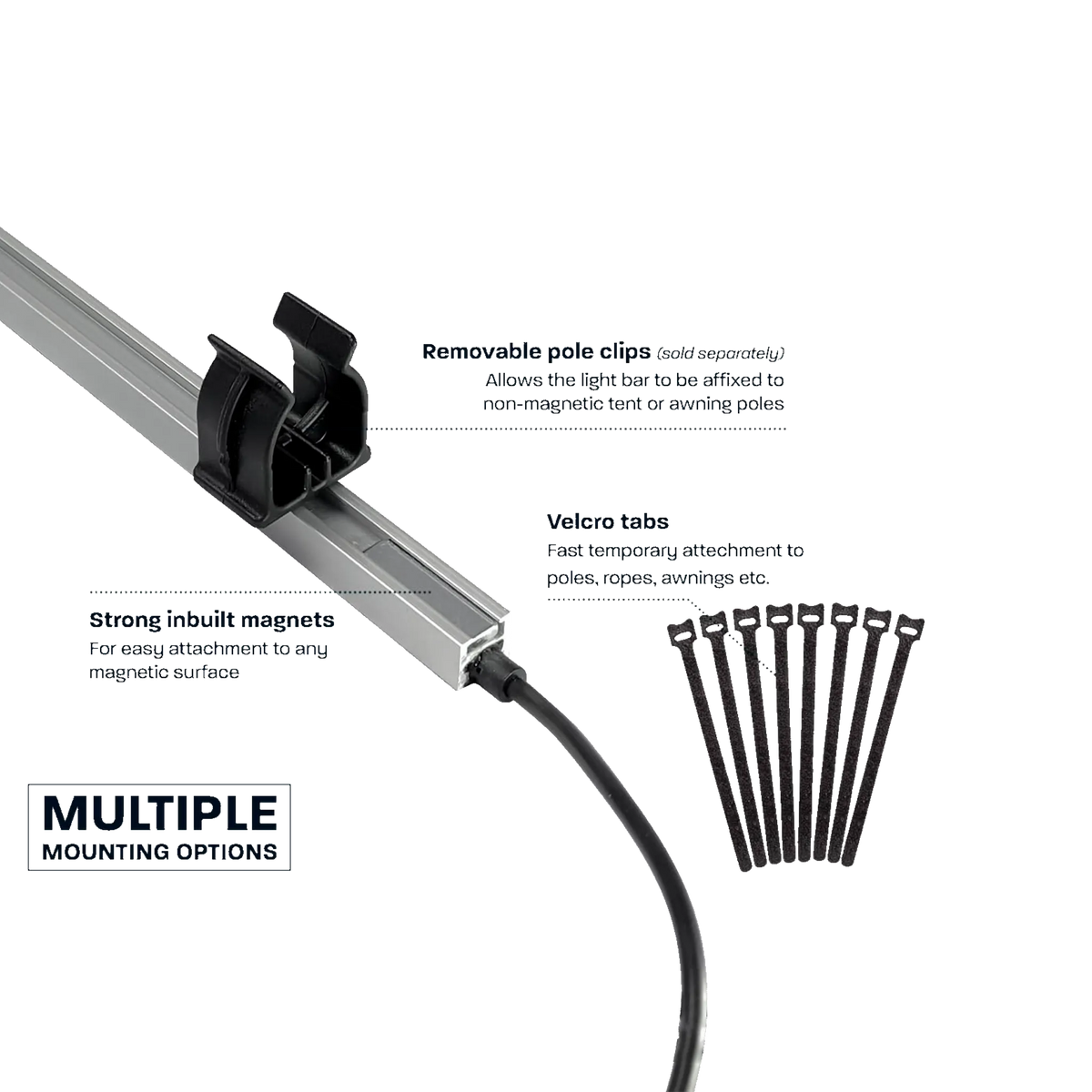 Hardkorr 4 bar LED camp light kit mounting guide with pole clips, magnets and hook and loop straps.