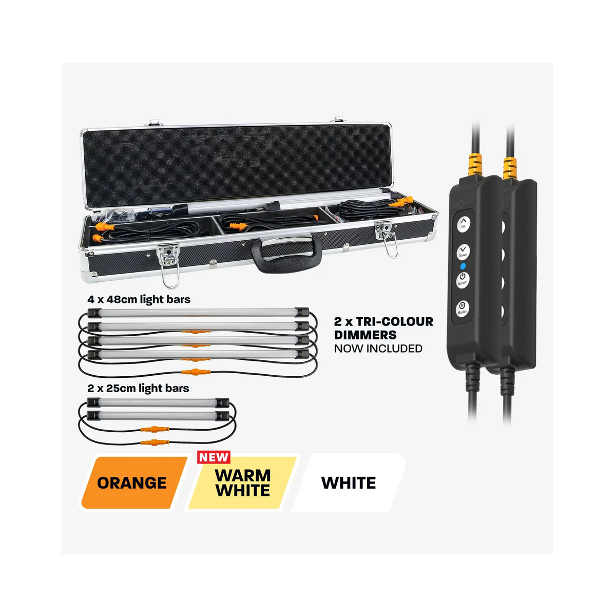 Hardkorr 6 bar LED camp light kit graphic with an open case, two dimmers and three lighting colour options.