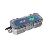 Hardkorr 6A 240V AC battery charger angled top view with LCD screen and cable.