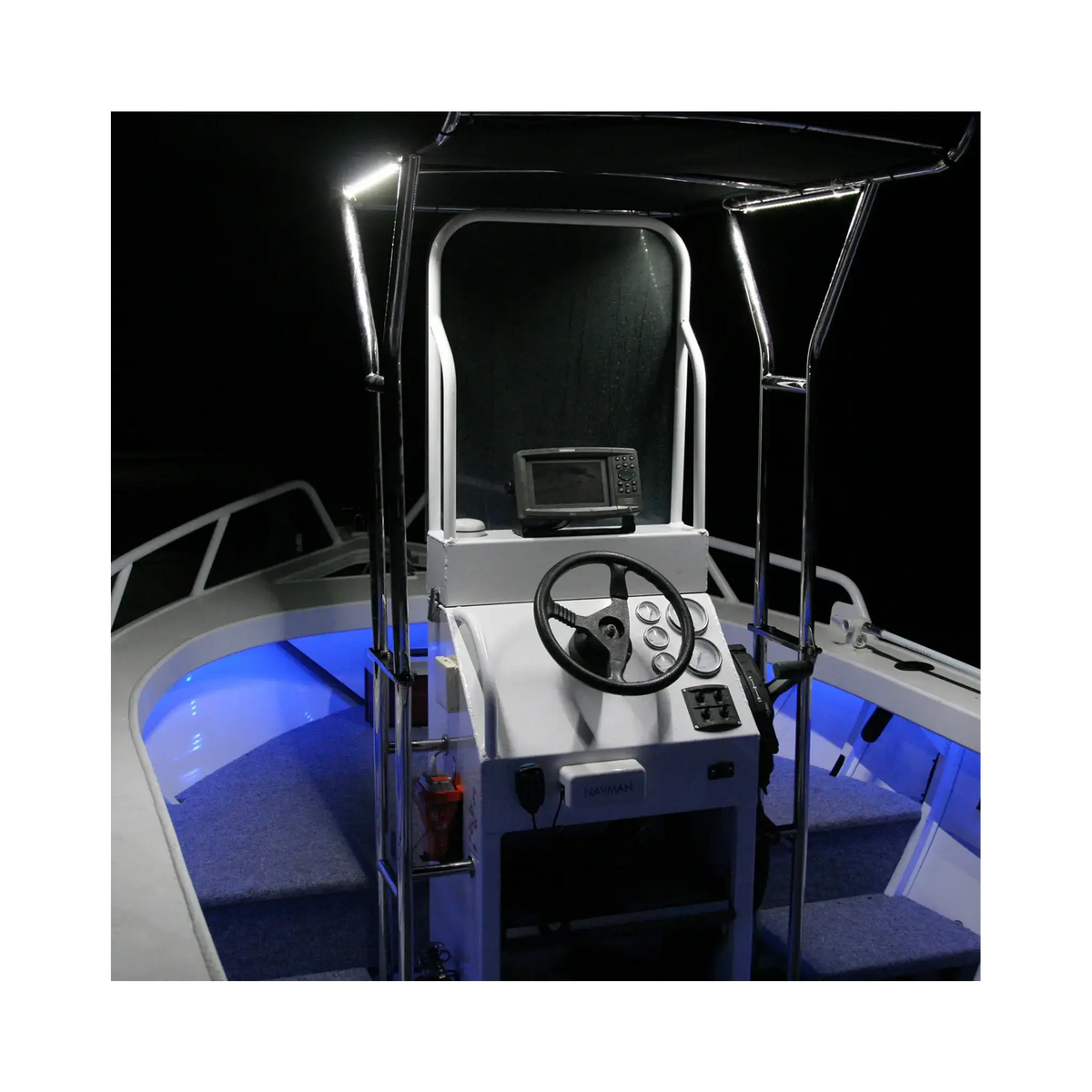Hardkorr 8m Tri-Colour LED boat lights installed with blue deck lighting and white lights above the helm.