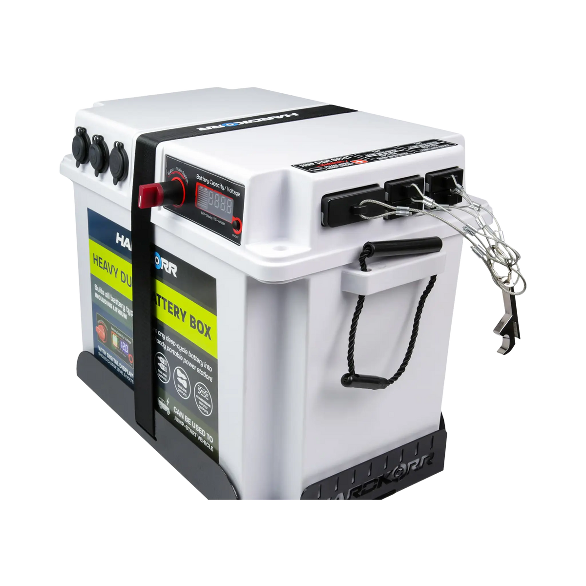 Hardkorr Anderson plug covers fitted to the side ports of a white battery box with their wire lanyards hanging.