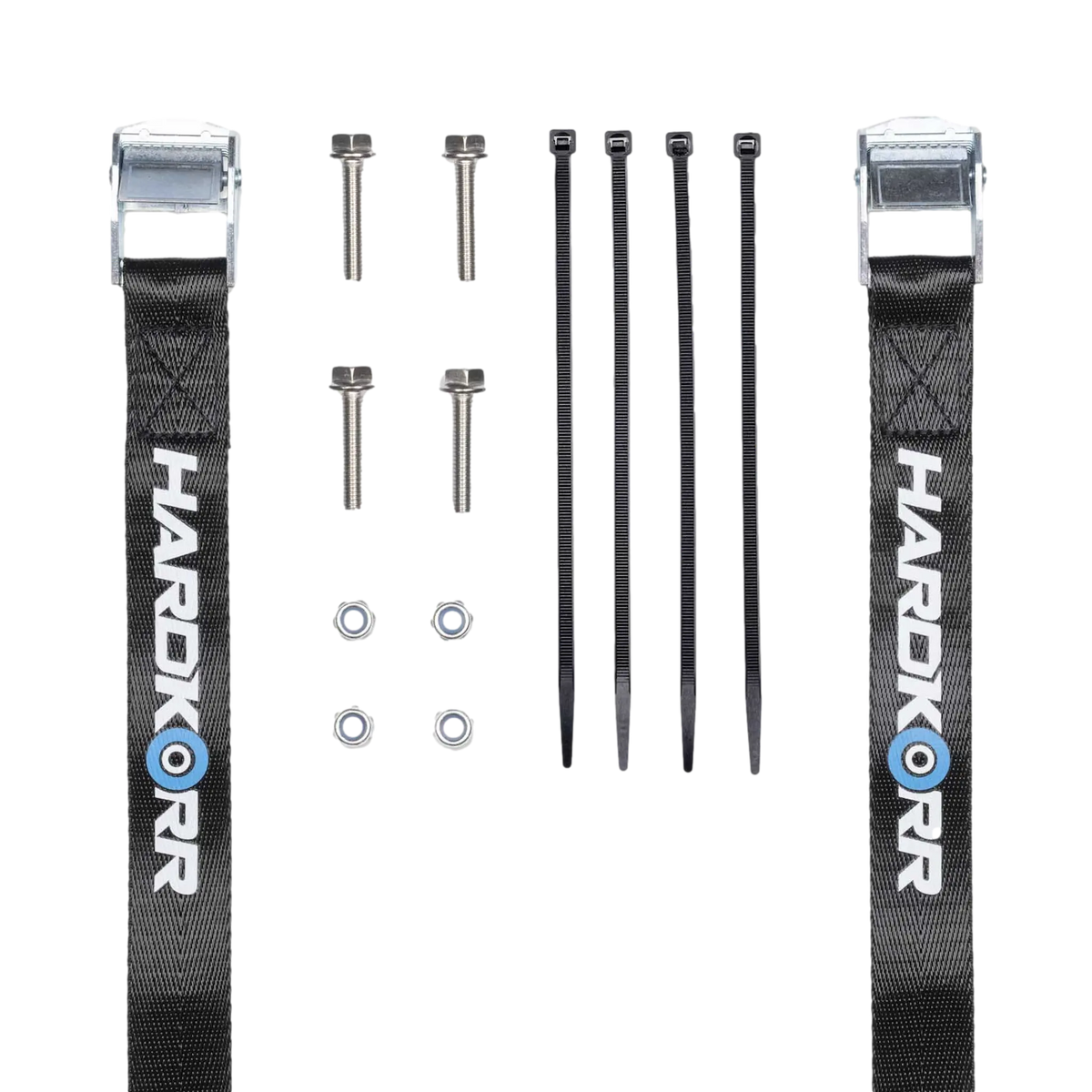 Hardkorr Battery Box Mounting Tray straps, bolts, washers, and cable ties laid out.