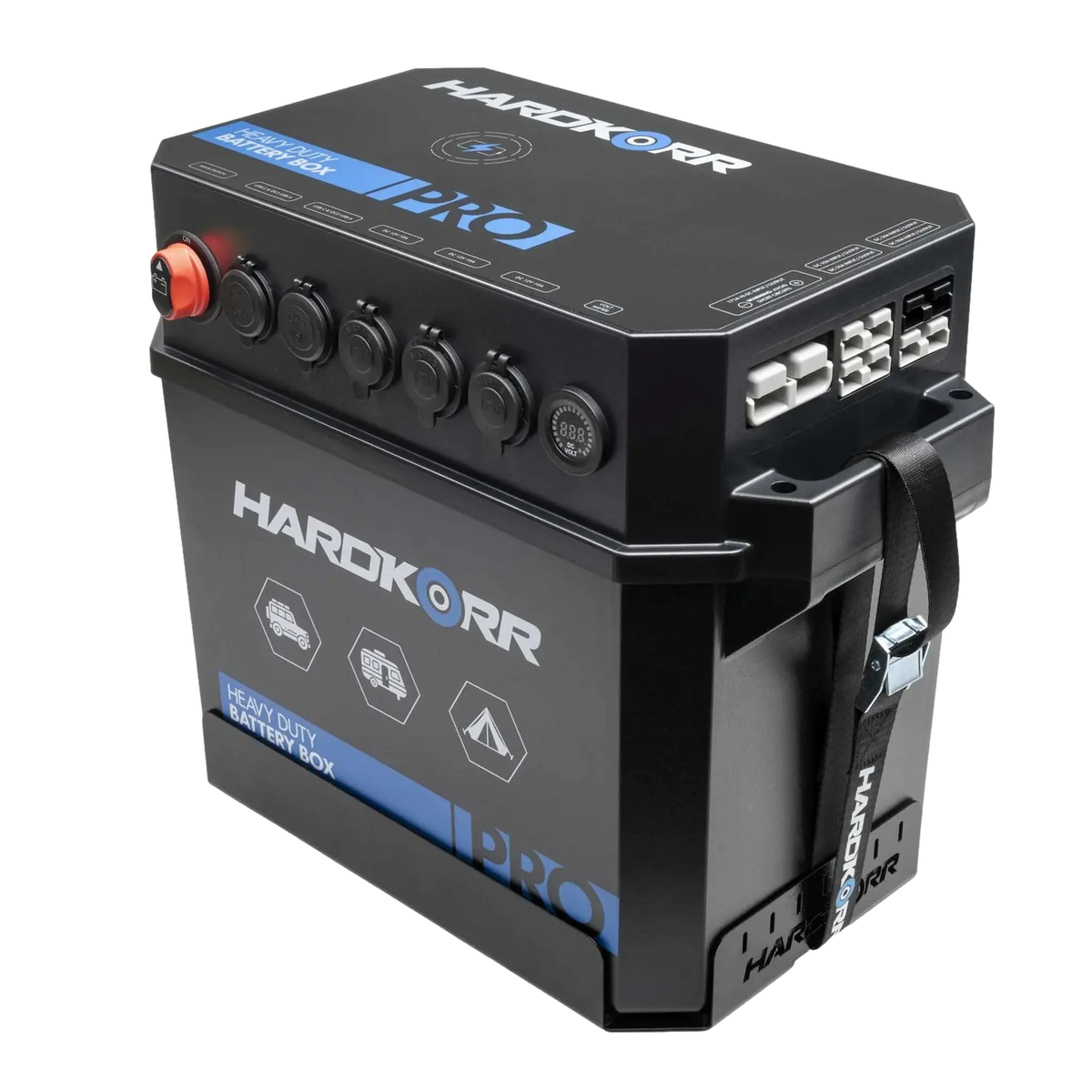 Hardkorr Battery Box Pro seated in the mounting tray with strap attached.