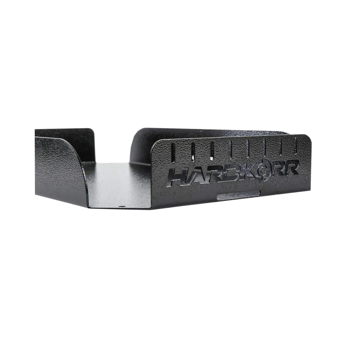 Hardkorr battery box mounting tray end close up with the cut out Hardkorr logo and strap slots.