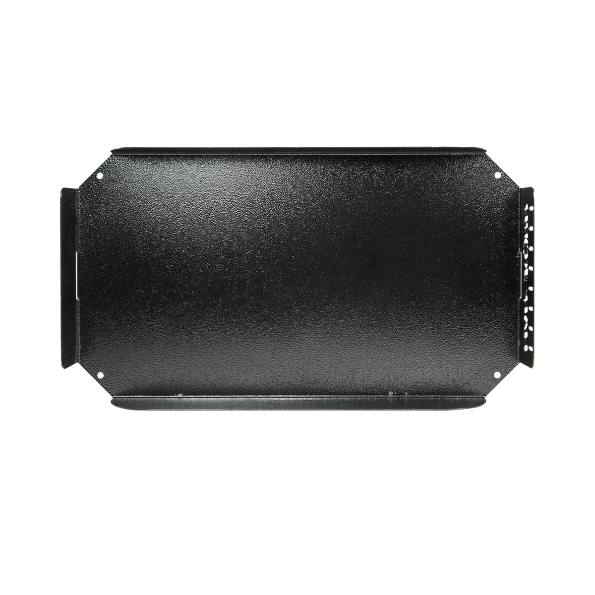 Hardkorr battery box mounting tray top view with a flat base, raised sides and corner mounting holes.