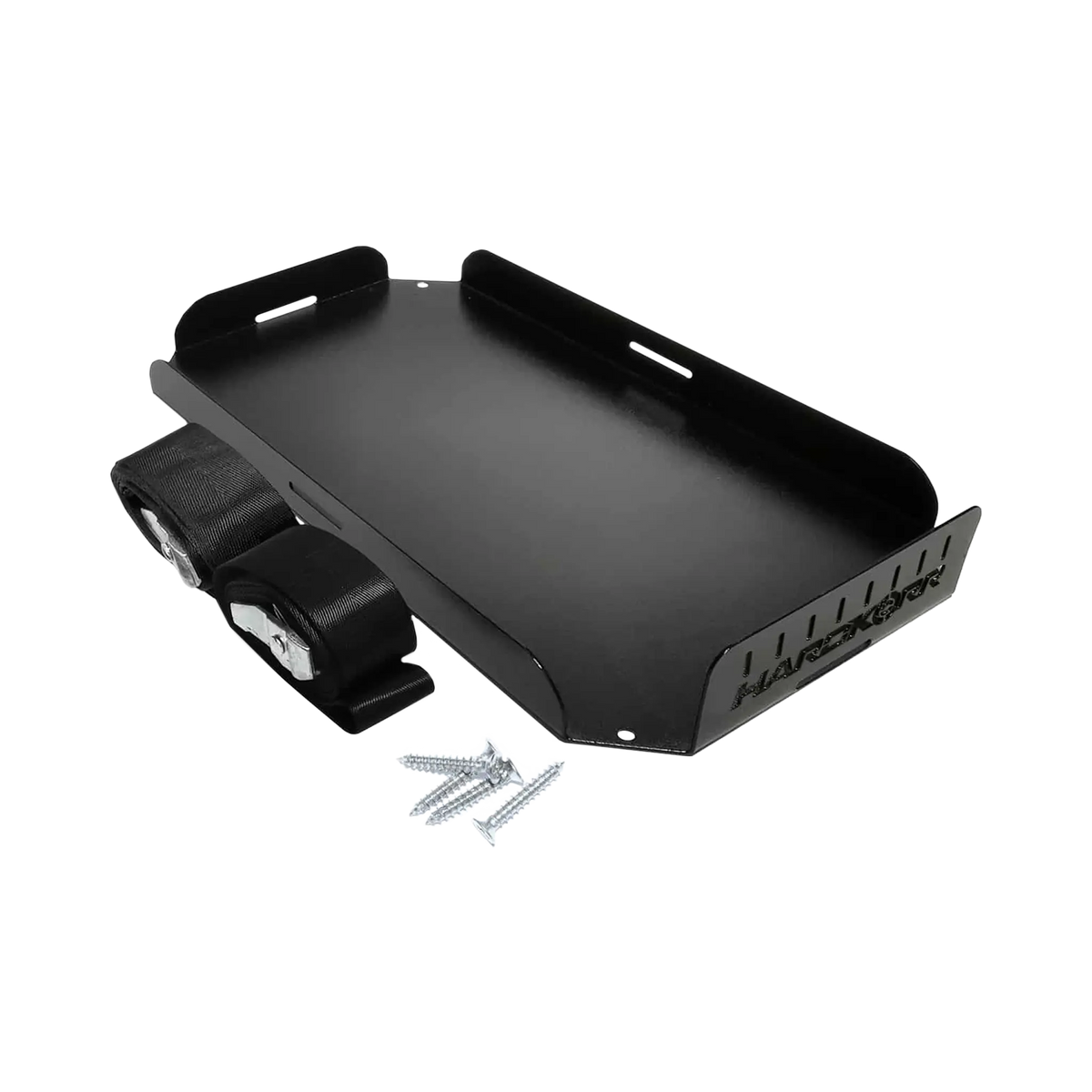 Hardkorr battery box mounting tray with straps and fixing screws laid beside its raised edges.