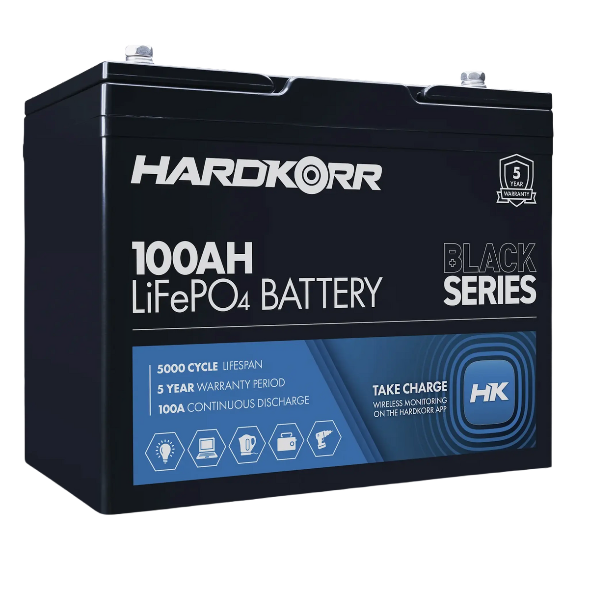 Hardkorr Black 100Ah 12V lithium battery front-left view with label and top terminals.