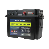 Black Hardkorr battery box front right view with covered sockets, a digital display and side Anderson ports.