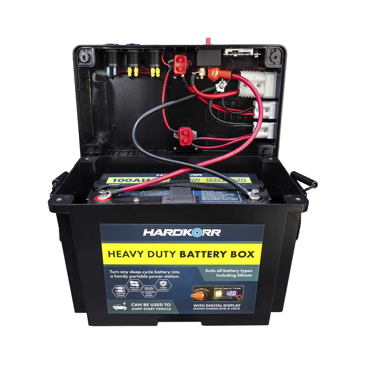 Black Hardkorr battery box open with a battery installed and positive and negative wiring visible beneath the lid.