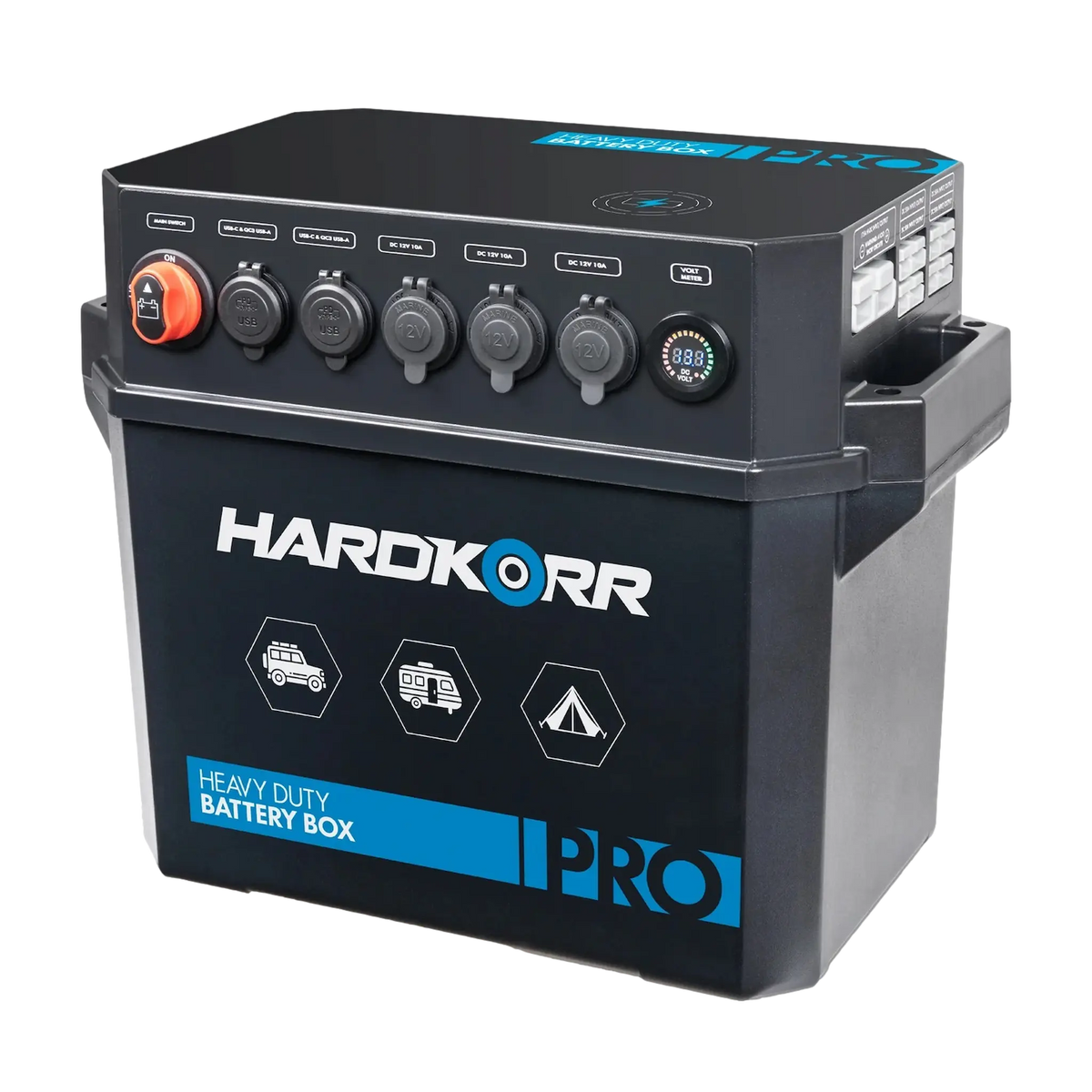 Hardkorr Battery Box Pro angled front view with usb ports and sockets across the top.