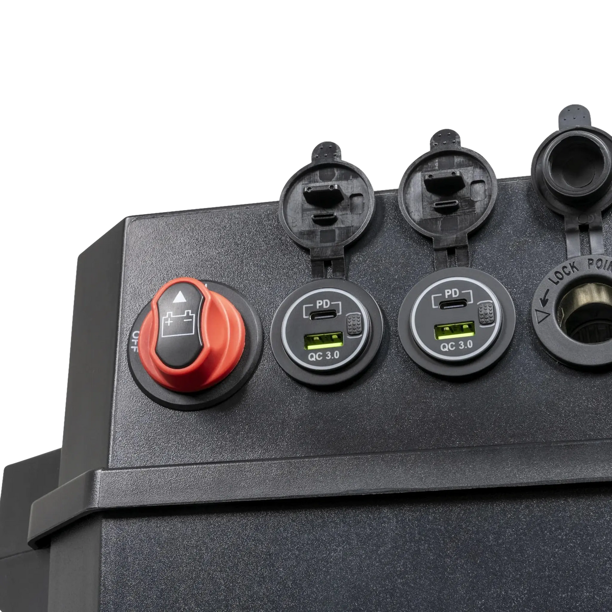Hardkorr Battery Box Pro top corner with open USB and socket covers.