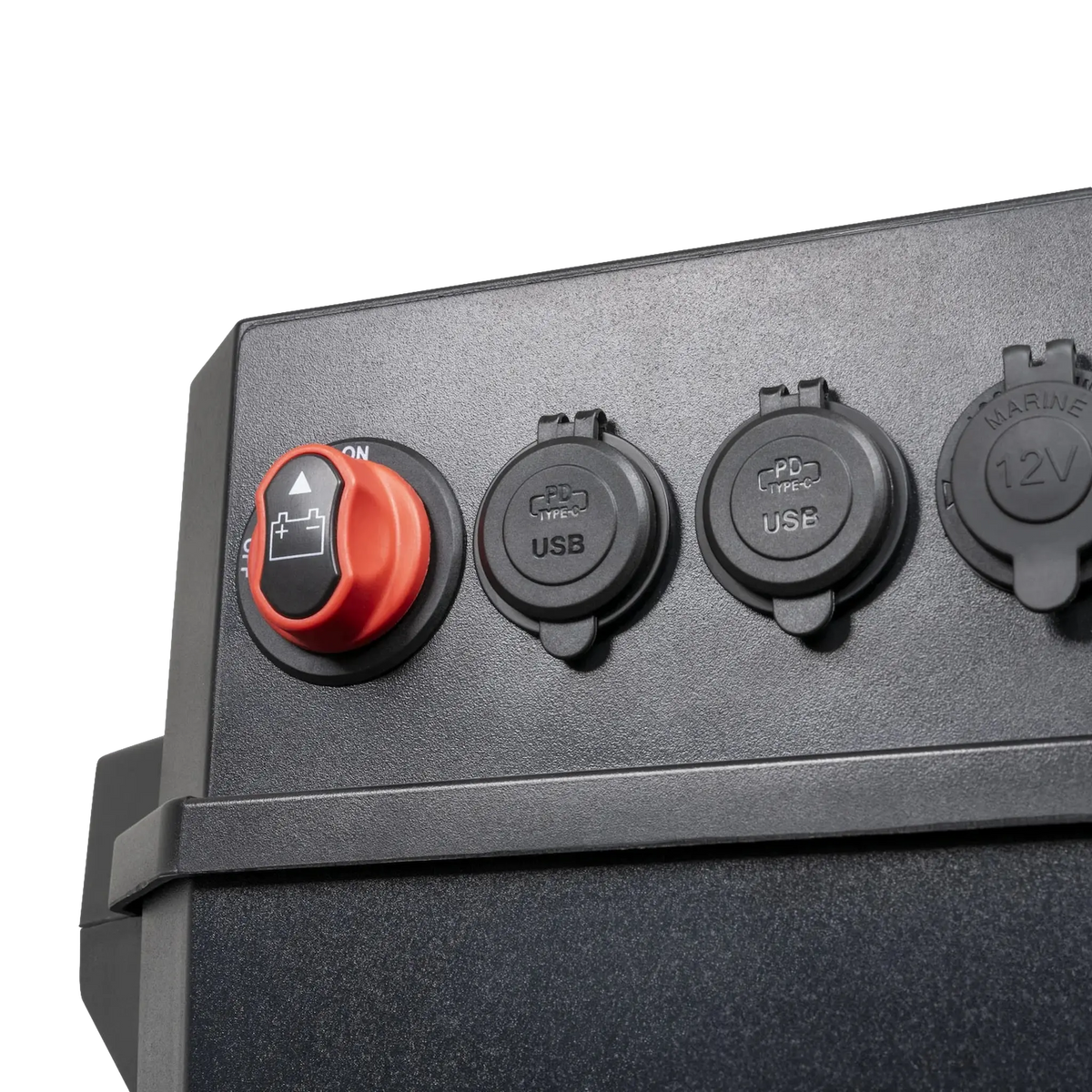 Hardkorr Battery Box Pro top corner with closed USB and socket covers.