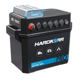 Hardkorr Battery Box Pro with DCDC Charger front-left view with sockets and charger.