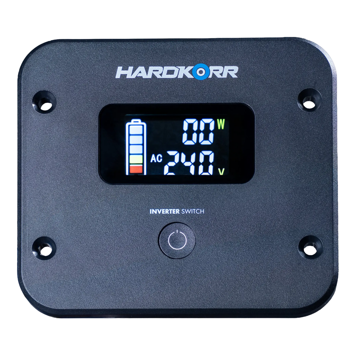 Hardkorr LS inverter remote front view with digital display and inverter switch button.