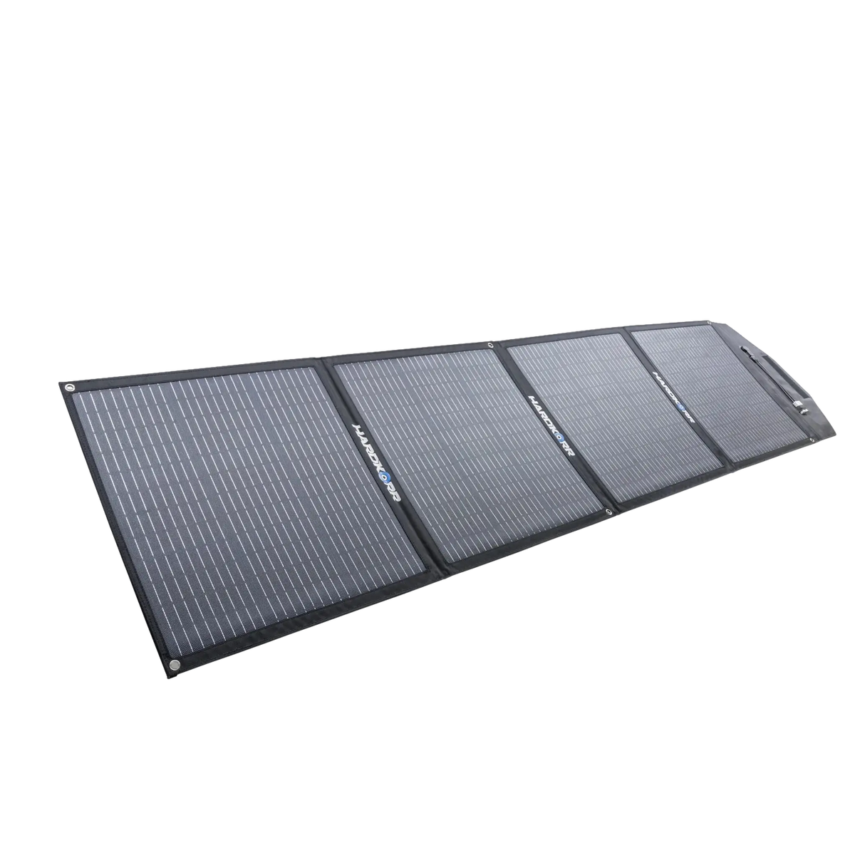 Hardkorr MKII 200W solar mat front left view with four folding sections of solar cells.