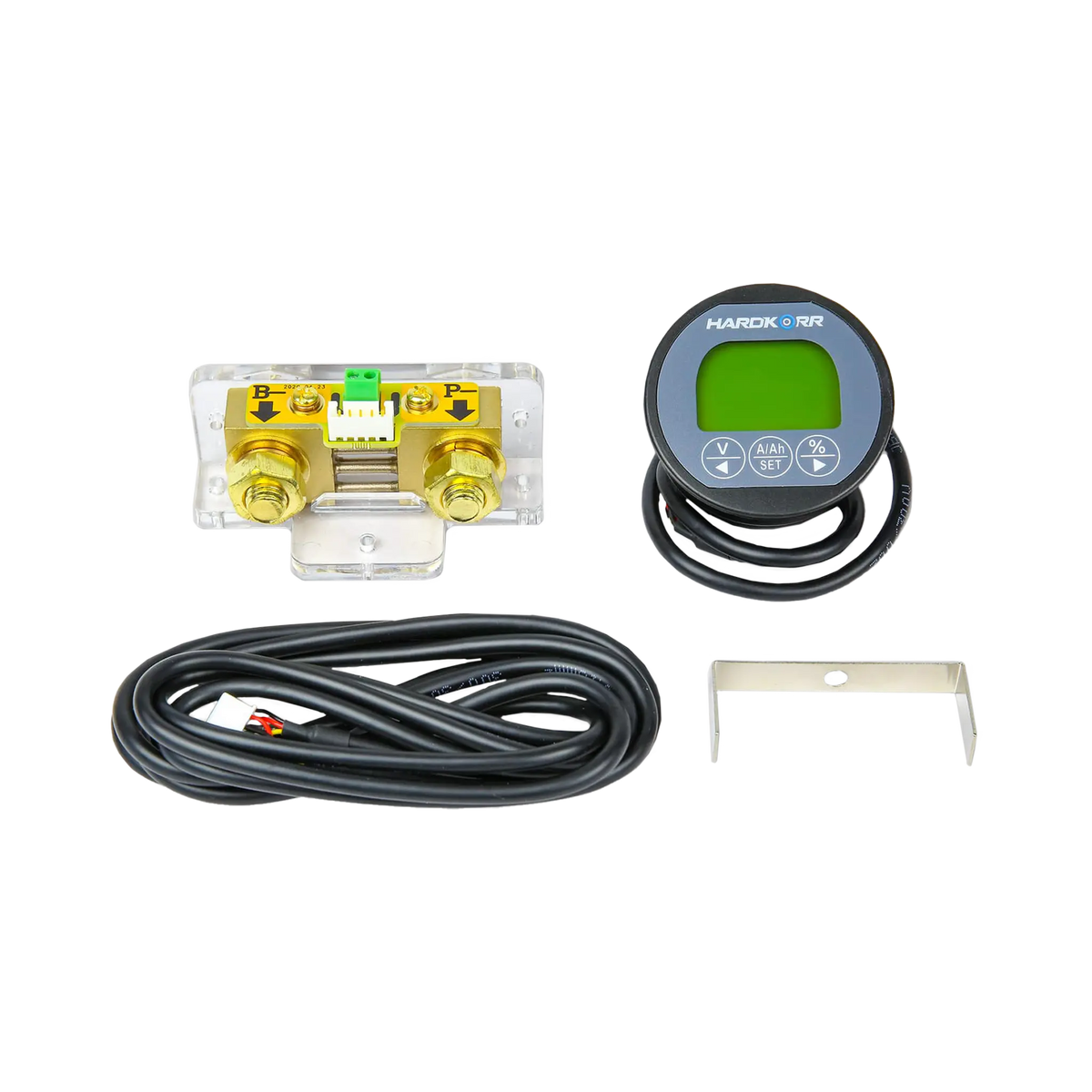 Hardkorr remote battery monitor kit with a round LCD display, 100V/500A shunt, cables and mounting bracket.