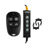 Hardkorr wireless remote dimmer with a four button handset, wired dimmer and two pole clips.