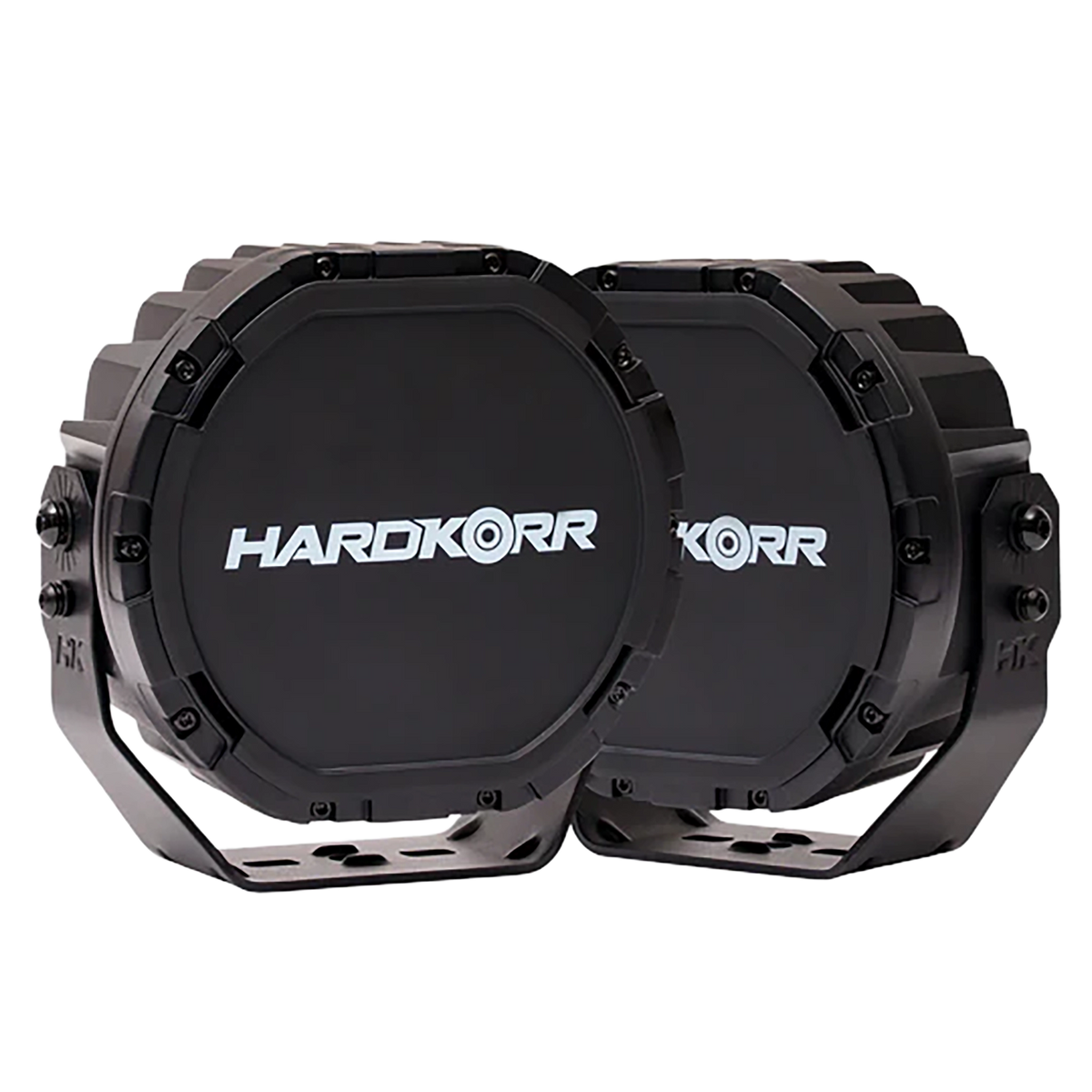 Hardkorr XD Series 7 inch LED driving lights with black protective covers fitted.