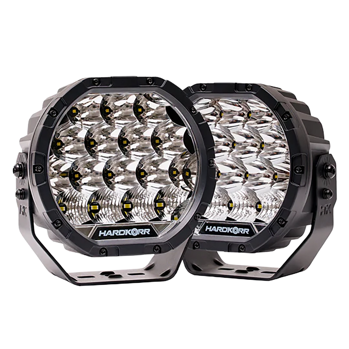 Hardkorr XD Series 7 inch LED driving lights in a pair with silver mounting brackets.