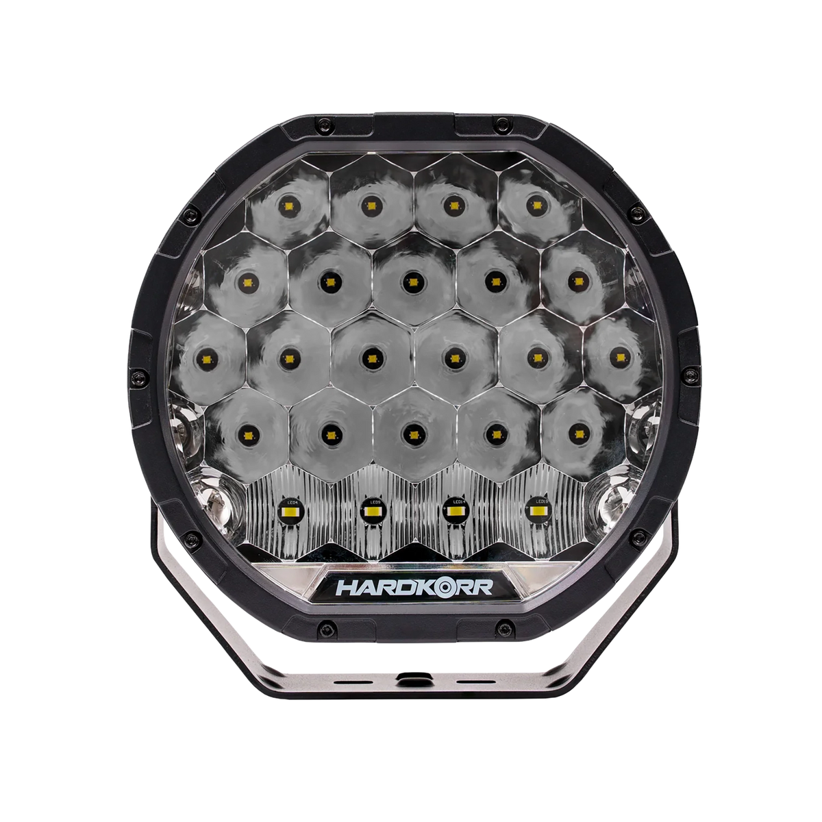 Single Hardkorr XD Series 9 inch LED driving light straight front view with LED reflectors and lower mounting slots.
