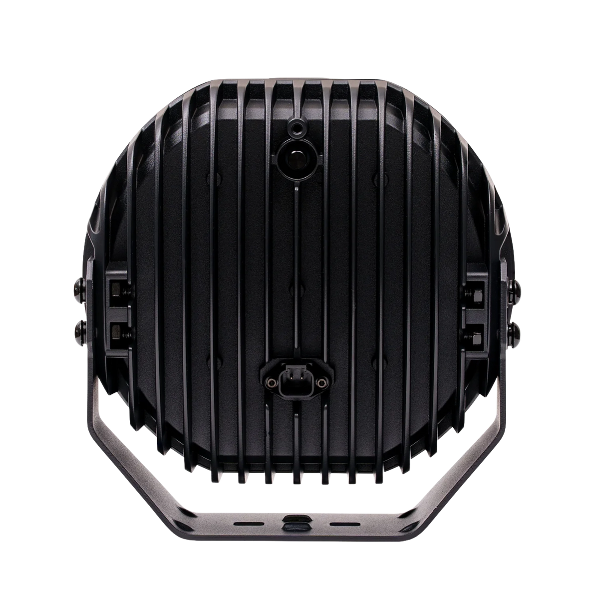 Hardkorr XD Series 9 inch LED driving light rear view with cooling fins, a lower connector and mounting bracket.