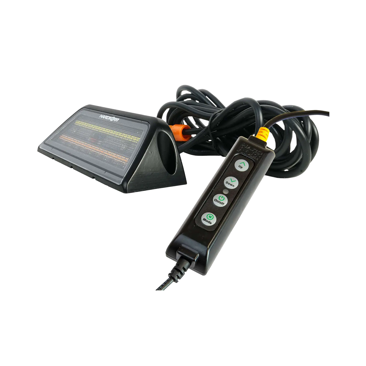 Hardkorr XDW 45 degree angled tri colour LED work light front right view with its side mounting hole and controller.