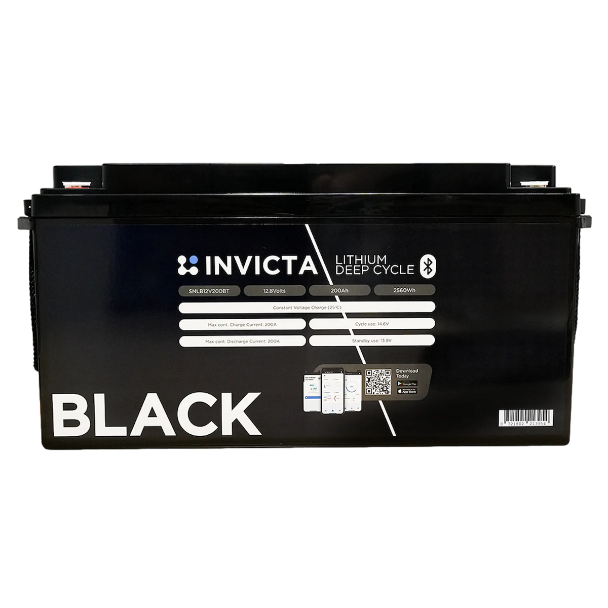 Invicta Black 200Ah 12V Bluetooth lithium battery straight front view with specification label.
