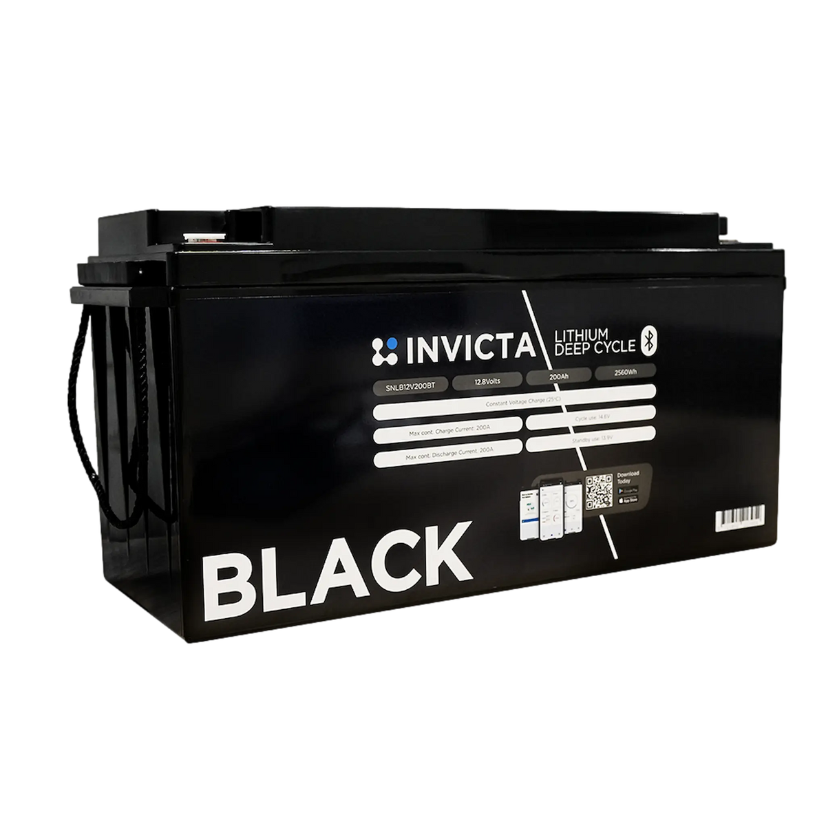 Invicta Black 200Ah 12V Bluetooth lithium battery front-left view with carrying straps and front label.
