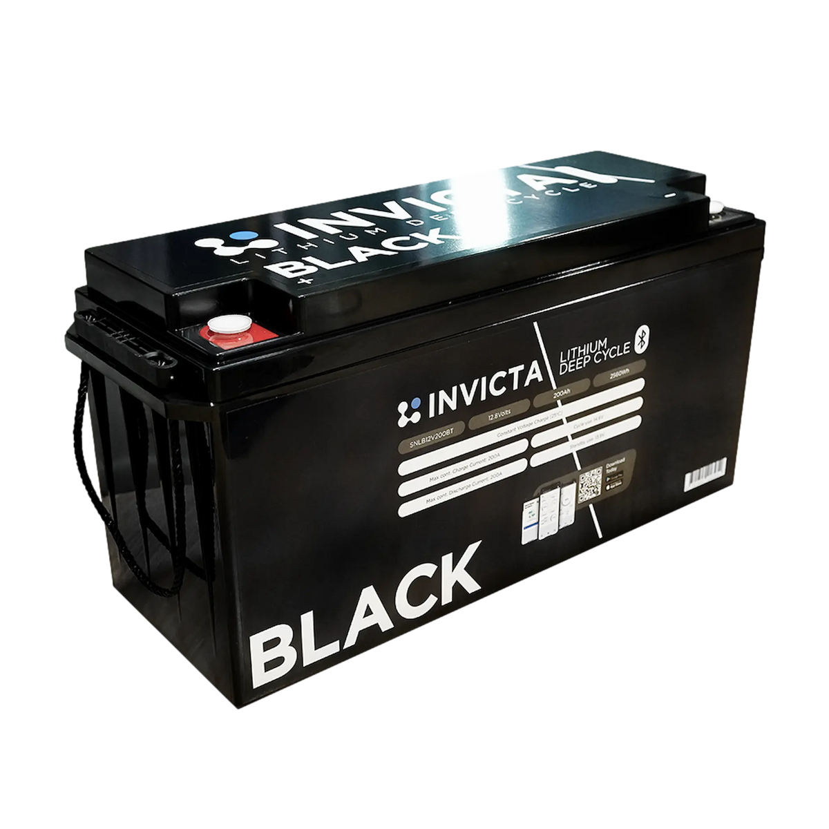 Invicta Black 200Ah 12V Bluetooth lithium battery upper front-left view with terminal and lid branding.