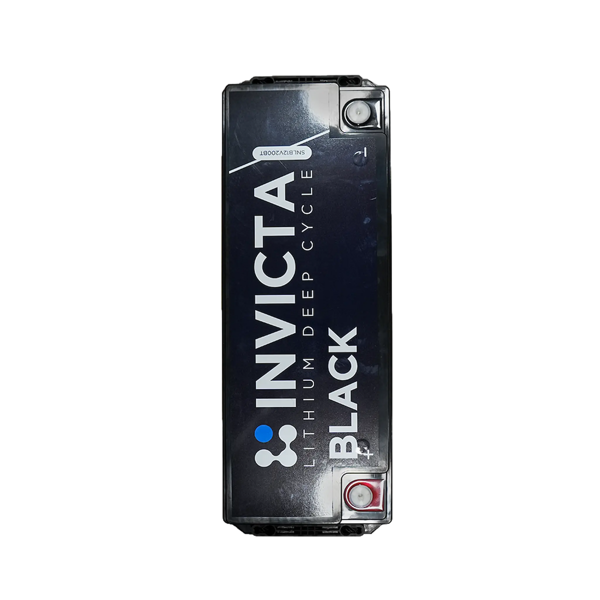 Invicta Black 200Ah 12V Bluetooth lithium battery top view with positive and negative terminals.