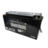 Invicta Black 300Ah lithium battery front right view with top terminals and specifications sticker.