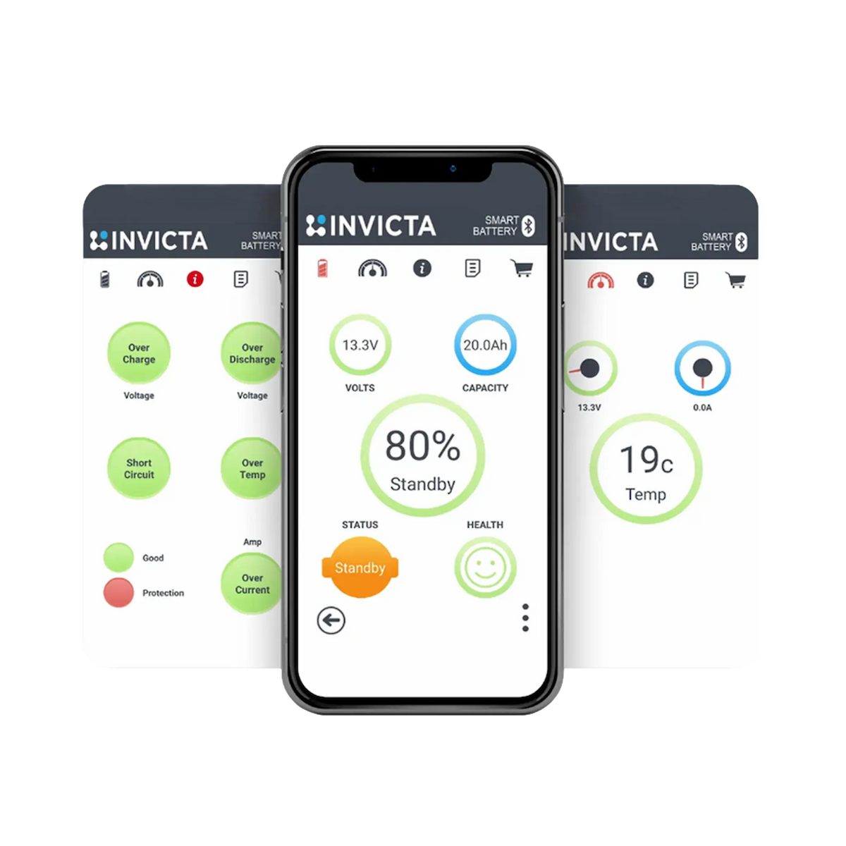 Invicta Xero 100Ah battery app screens showing charge status, voltage, current, capacity and temperature.