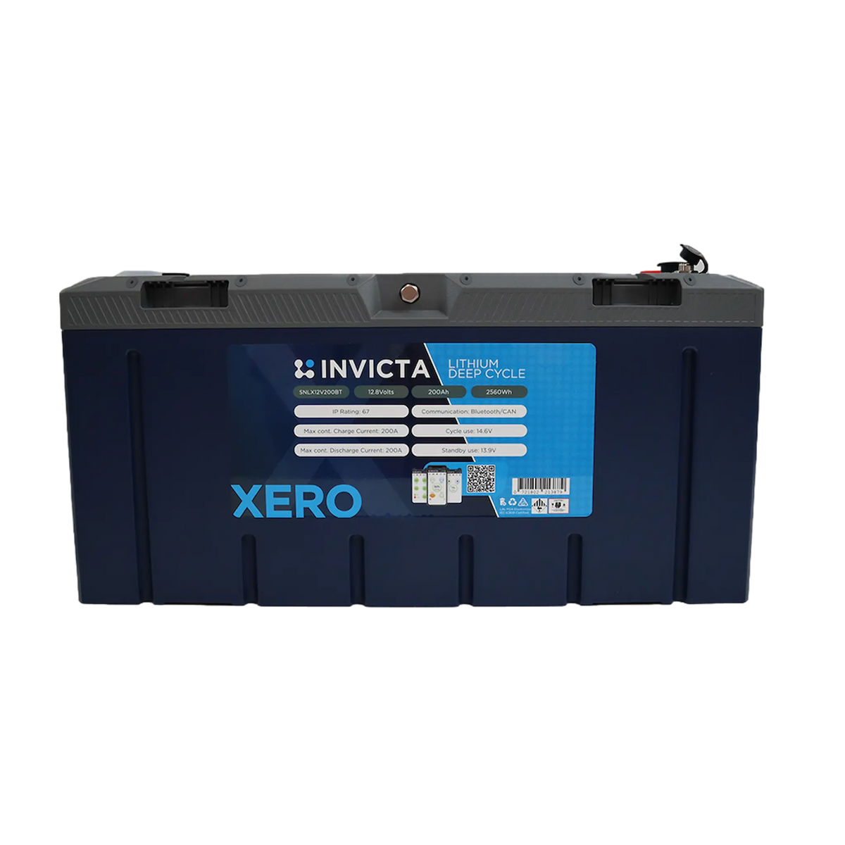 Invicta Xero 200Ah 12V lithium battery with Bluetooth in a straight front view with the product label visible.