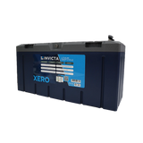 Invicta Xero 200Ah 12V lithium battery with Bluetooth in a front left view with top terminals visible.
