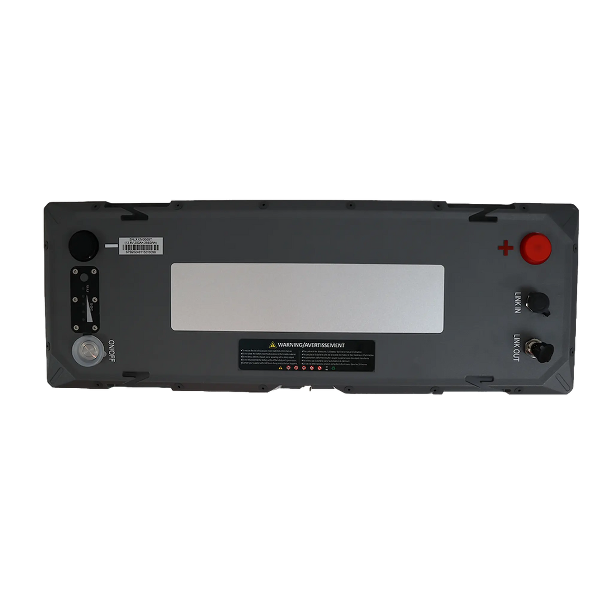 Invicta Xero 200Ah 12V lithium battery with Bluetooth viewed from above with its terminals visible.