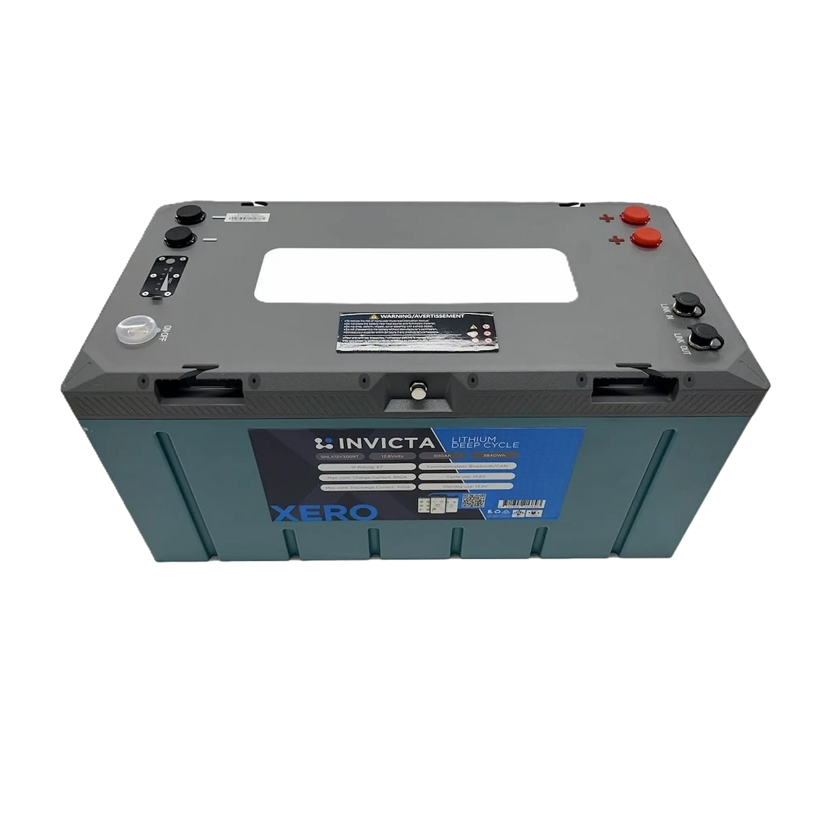 Invicta Xero 300Ah 12V lithium battery with Bluetooth in a straight front view with the recessed top panel visible.