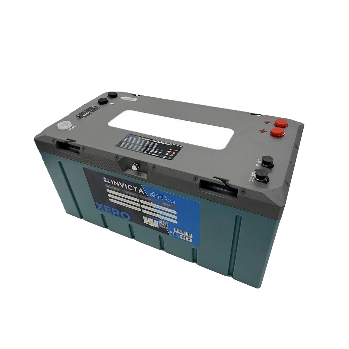 Invicta Xero 300Ah 12V lithium battery with Bluetooth in a front right view with positive and negative terminals visible.