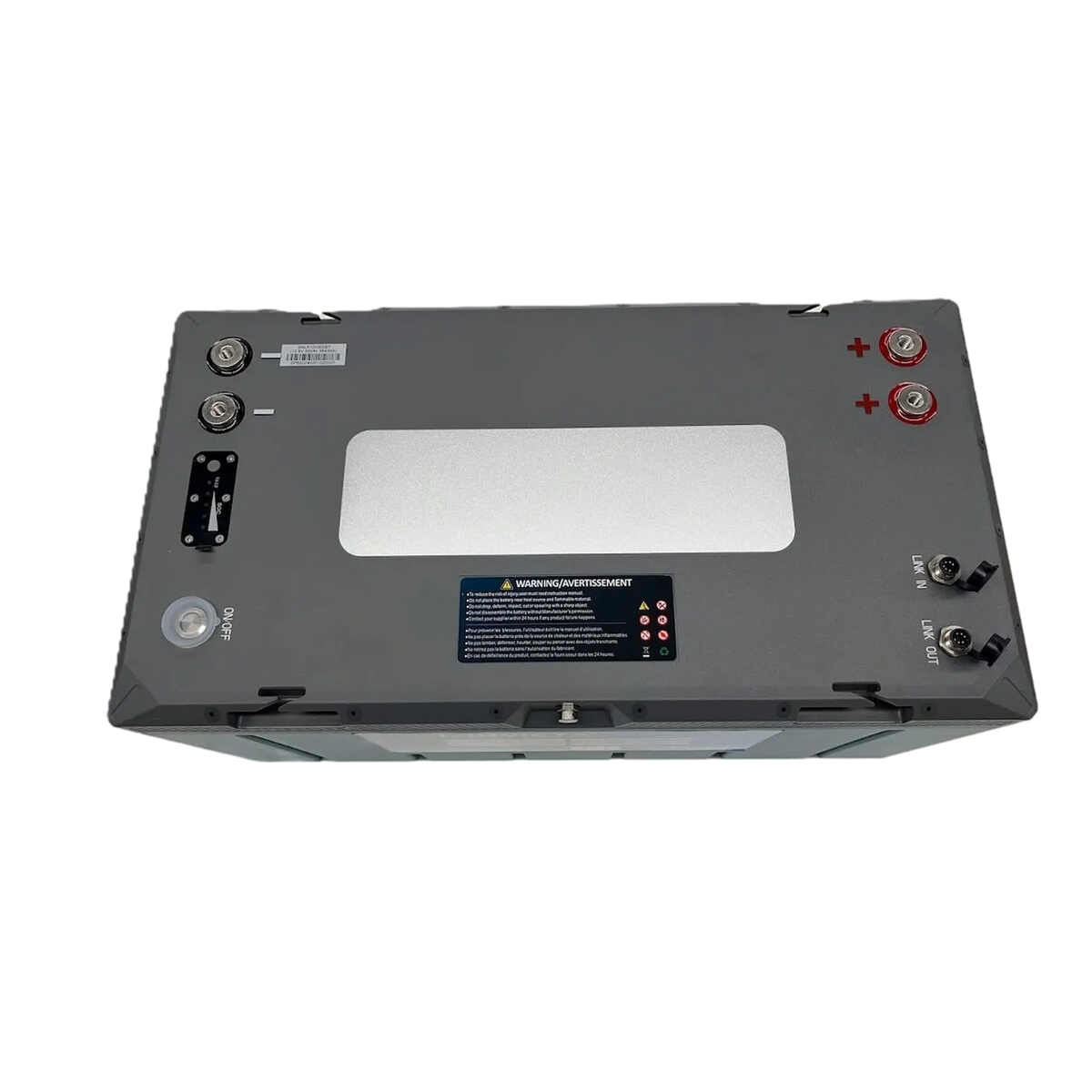 Invicta Xero 300Ah 12V lithium battery with Bluetooth viewed from above with terminals and connection points visible.