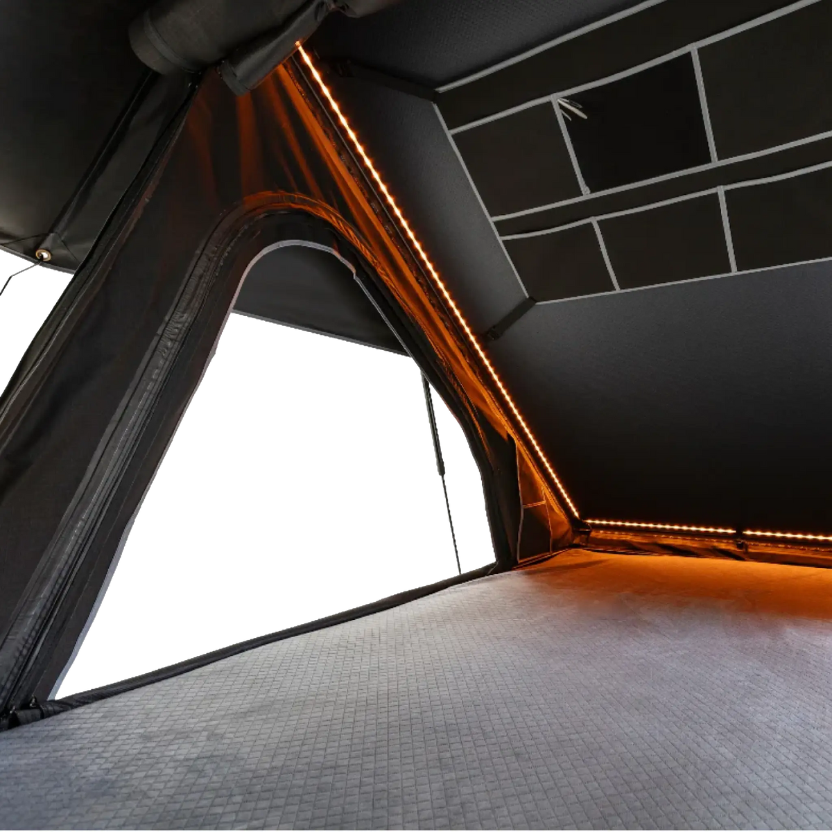 Outback Tourer 1.2 Plus Rooftop Tent interior light strips beside the gear organiser.