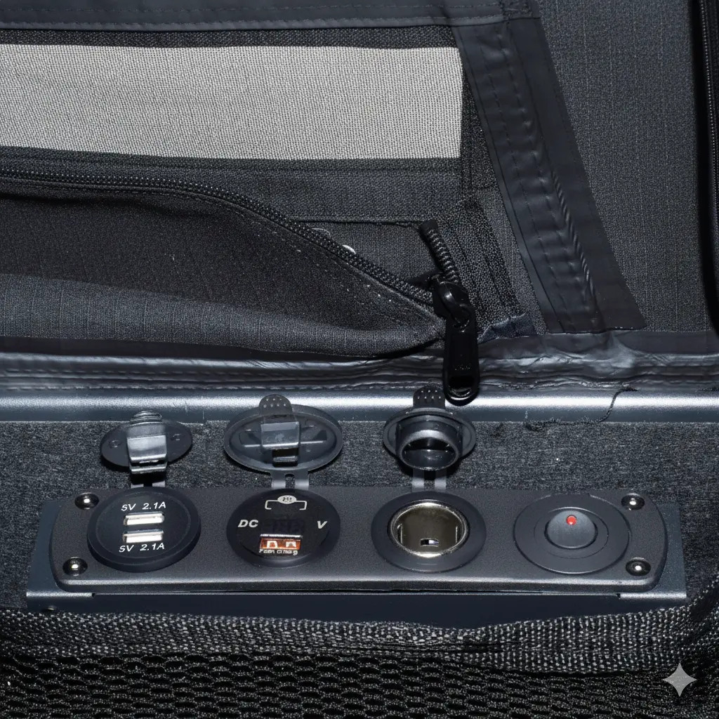Outback Tourer 1.2 X Plus Rooftop Tent interior power panel with switches and sockets.