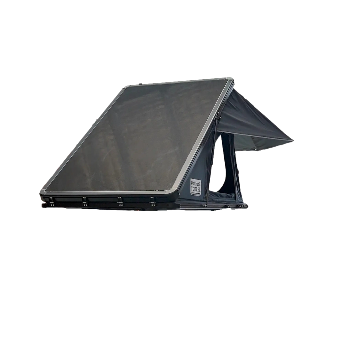 Outback Tourer 1.4 rooftop tent back right view with hard shell lid raised and side window open.