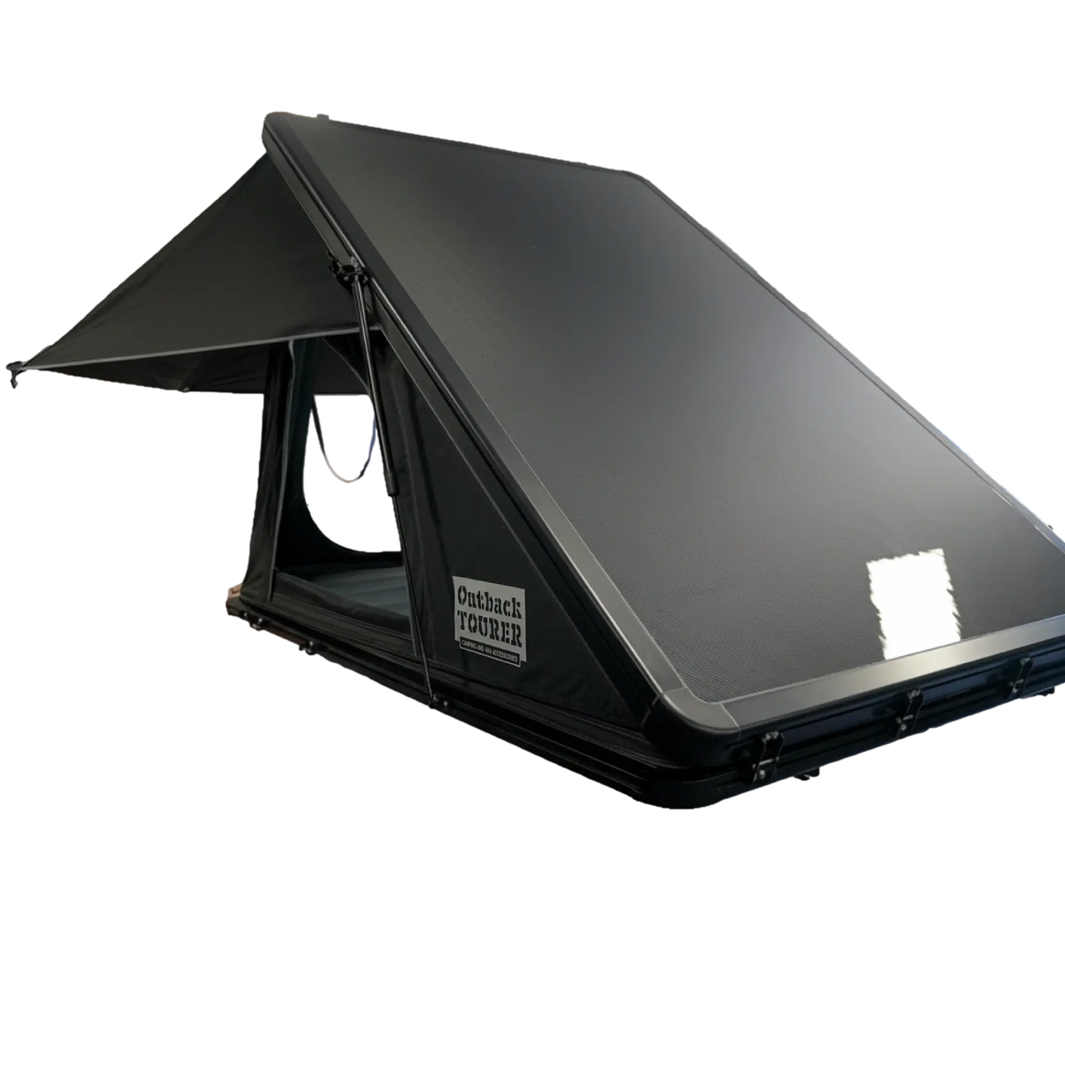 Outback Tourer 1.4 rooftop tent back left view with carbon fibre panel displayed.