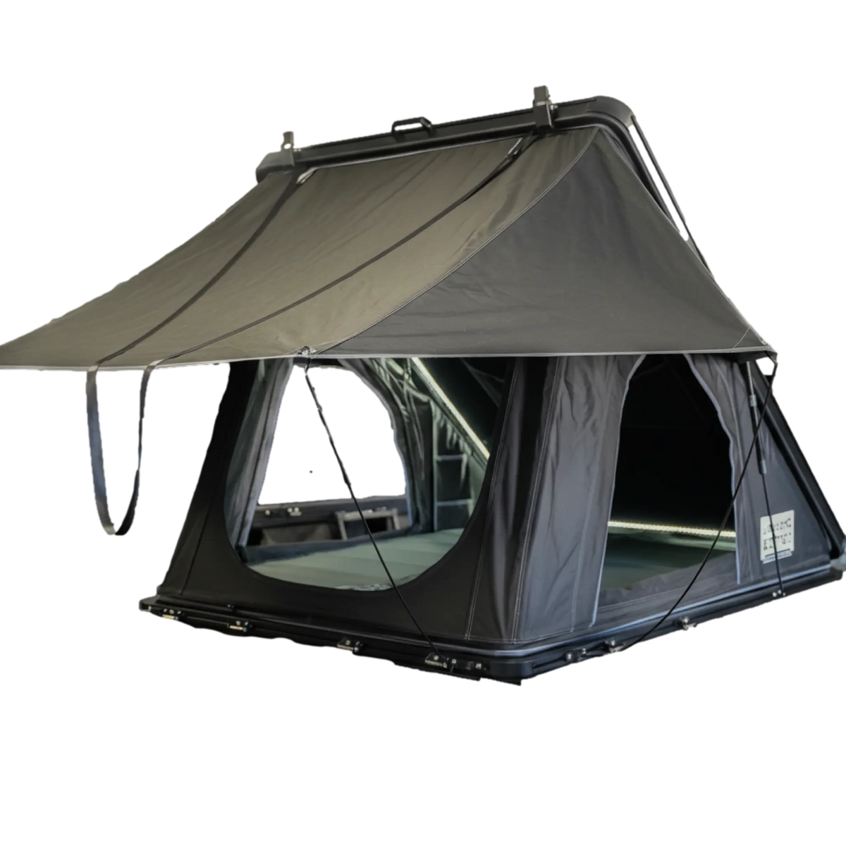 Outback Tourer 1.4 rooftop tent front left view with side windows and canopy open.