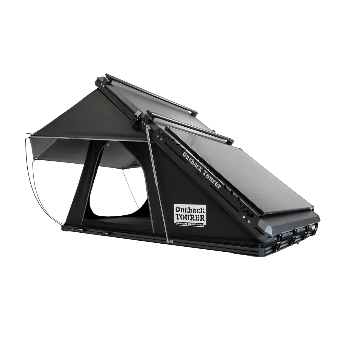 Outback Tourer 1.4 Rooftop Tent front left studio view with a roam gear solar panel and rainfly open.