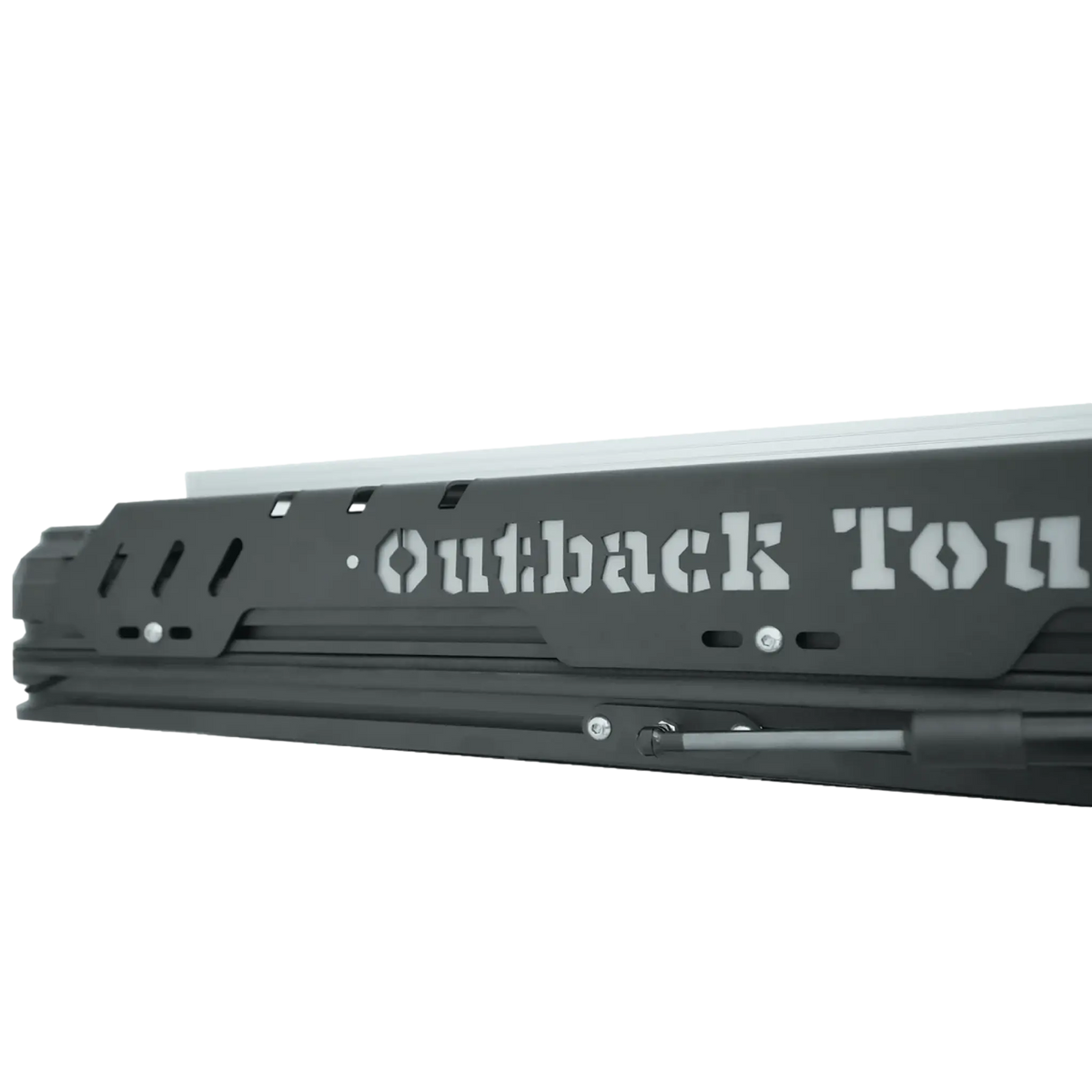 Outback Tourer 1.4 X Rooftop Tent side bracket detail with Outback Tourer rail logo.
