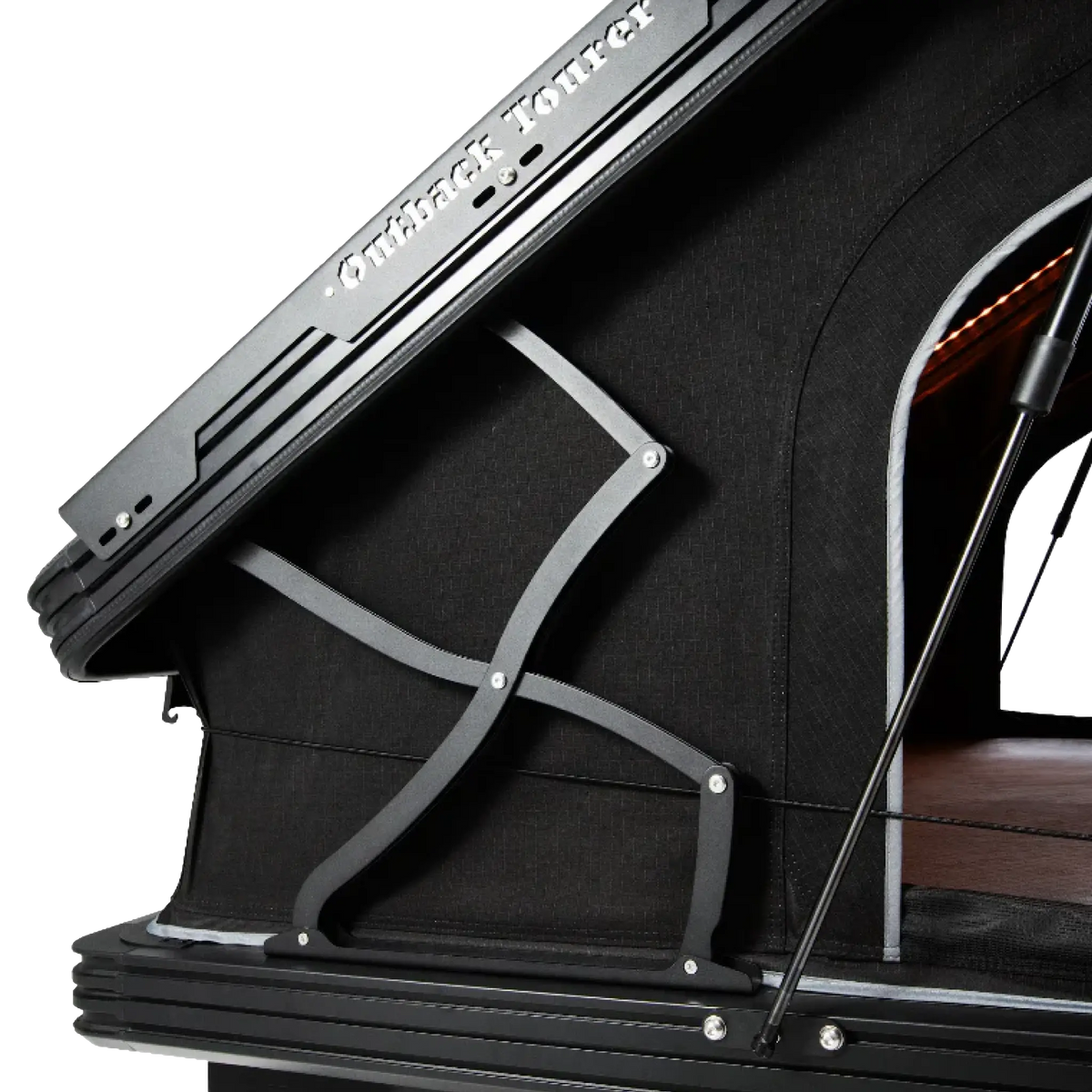 Outback Tourer 1.4 X Plus Rooftop Tent hinge and gas strut close up view.