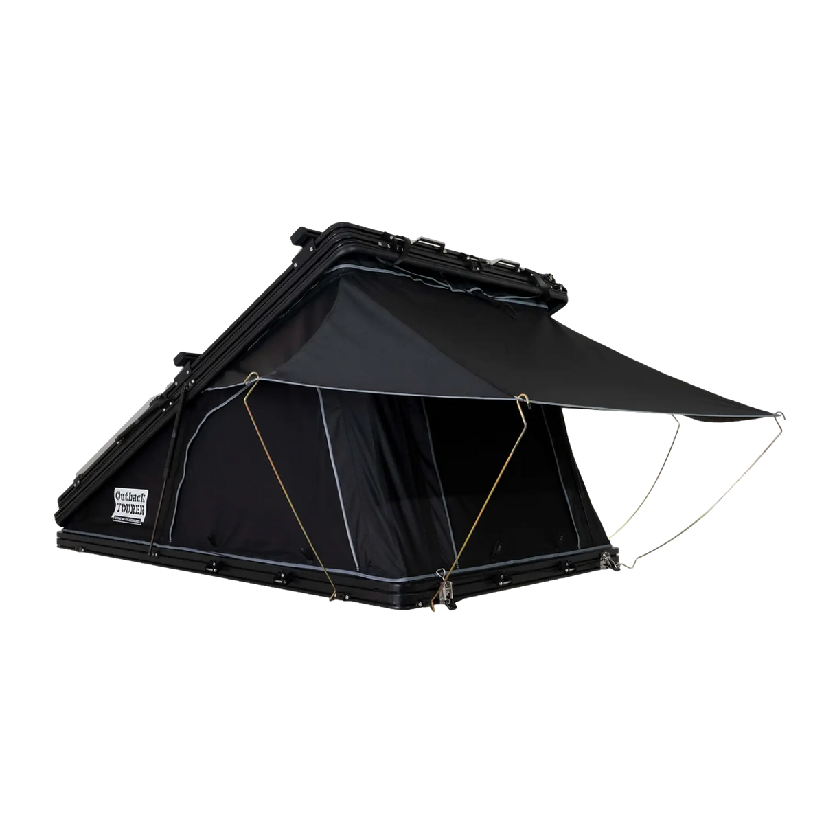 Outback Tourer 1250 Z Rooftop Tent front half open studio view with rainfly and poles setup.