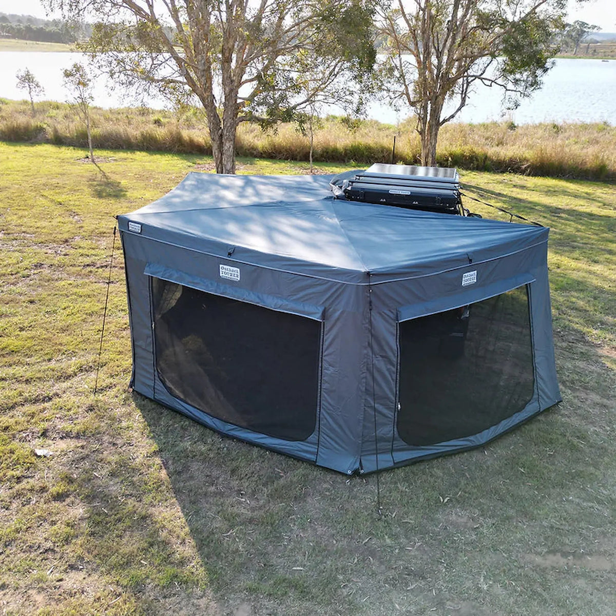 Outback Tourer Passenger Side 270 Full Wall Kit top view with rear mesh panel beside the vehicle.