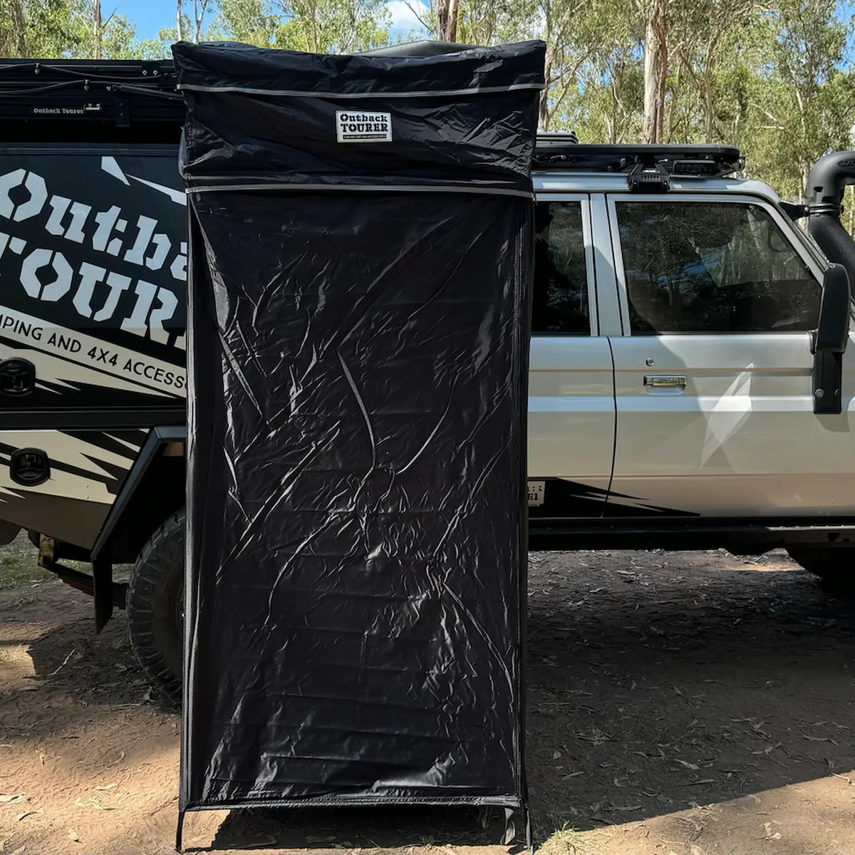 Outback Tourer Shower Awning side view mounted on a Toyota 79 Landcruiser.
